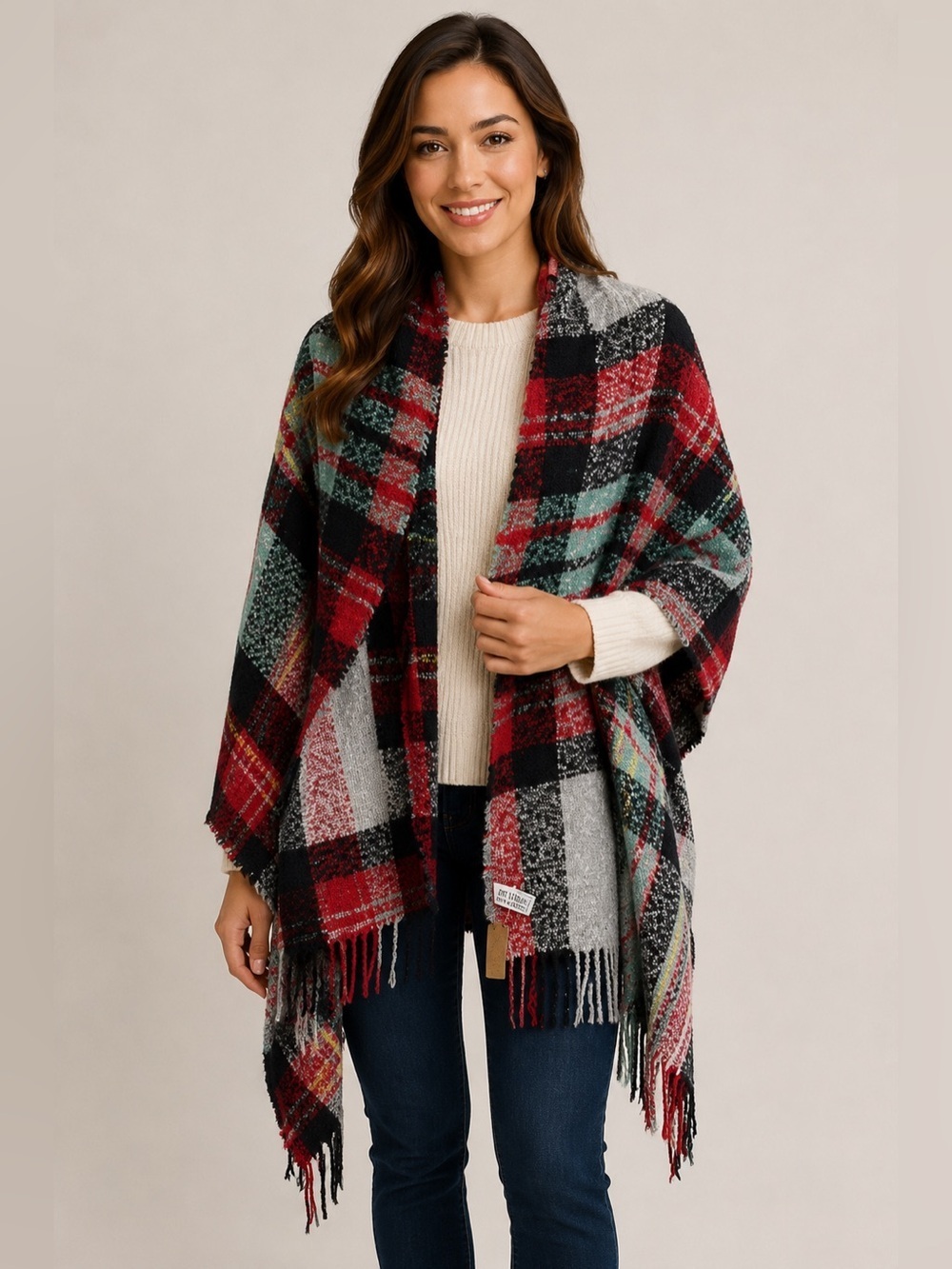 American Eagle Plaid Blanket Scarf Wrap Fringe One Size Red Gray Teal Cozy Soft